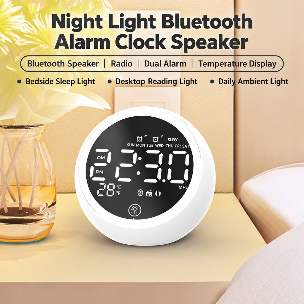 Cyboris Smart Dual-Alarm Speaker with Bluetooth 5.0, FM Radio, and LED Mirrored Bedside Sleep Light—Multifunctional