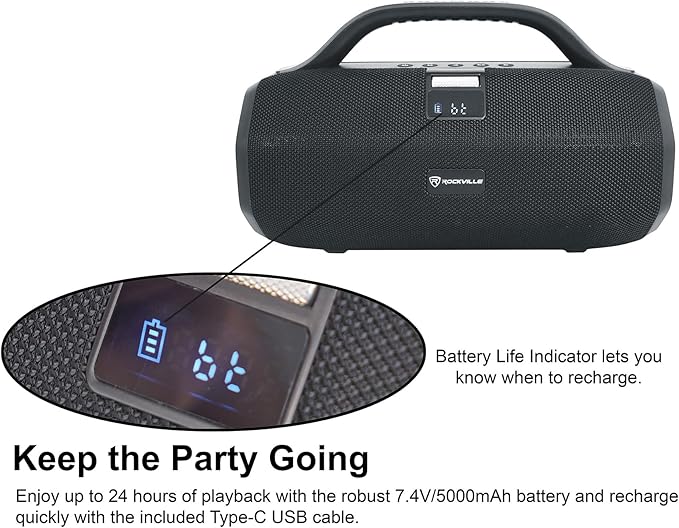 Rockville SONIC-50L Portable Bluetooth Speaker, 50W Stereo Sound, Dual LED Rings