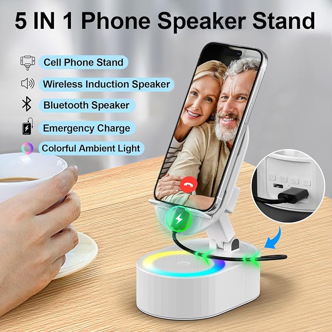 Wireless Induction Audio Bluetooth Speaker 5in1 Phone Holder Emergency