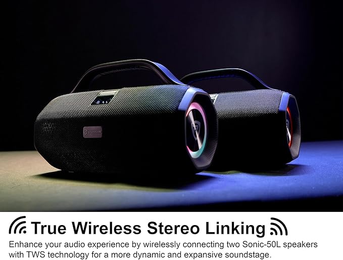 Rockville SONIC-50L Portable Bluetooth Speaker, 50W Stereo Sound, Dual LED Rings