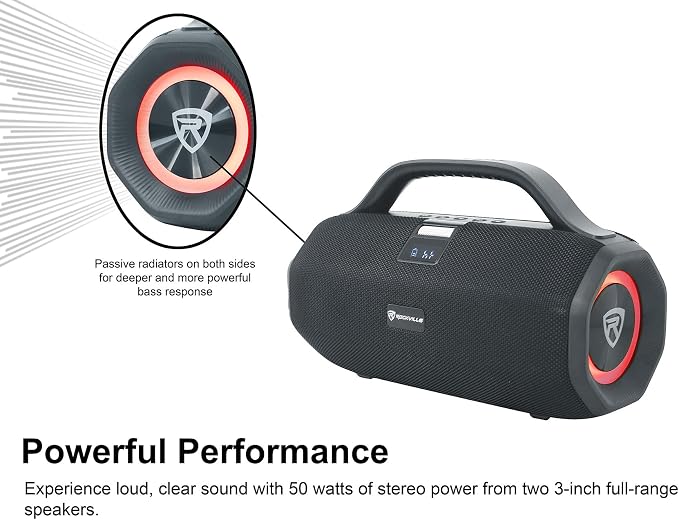 Rockville SONIC-50L Portable Bluetooth Speaker, 50W Stereo Sound, Dual LED Rings
