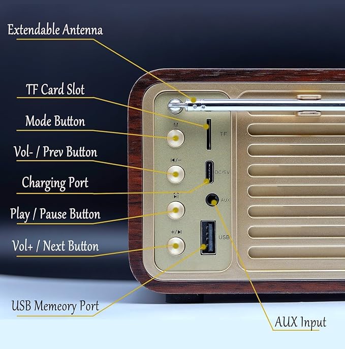 FM Radio with Bluetooth Retro Bluetooth Speaker Vintage Radio with SD/USB