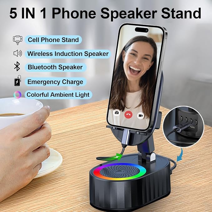 Wireless Induction Audio Bluetooth Speaker 5in1 Phone Holder Emergency