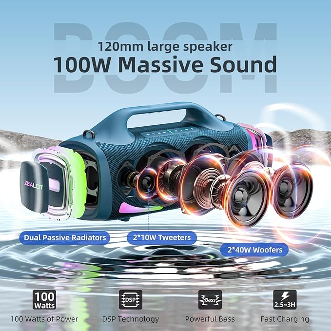 ZEALOT Bluetooth Speaker, 110W Peak Booming Sound Speakers Wireless, Dual
