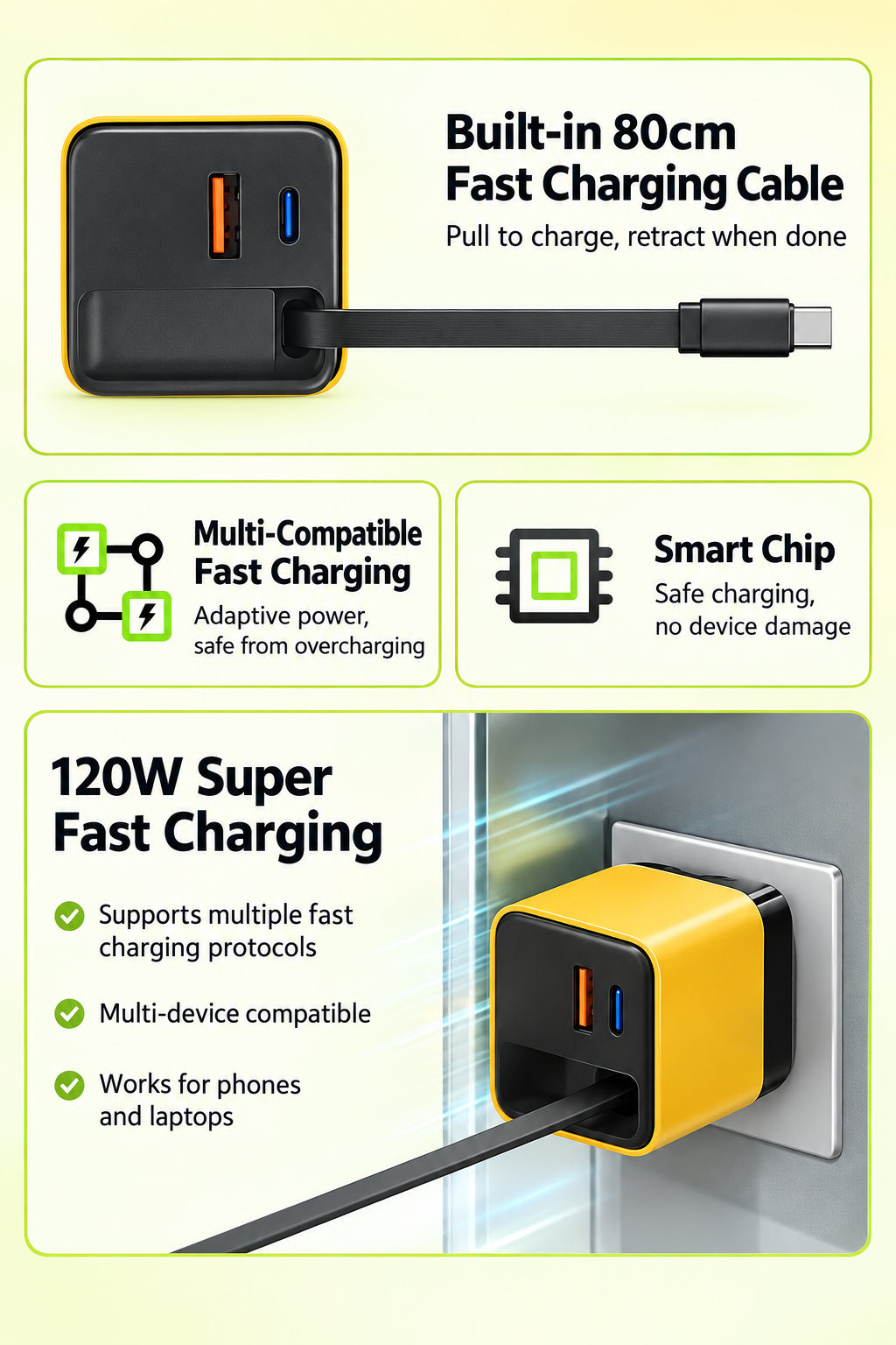 Cross-border Wholesale: 120 GaN Charger with Retractable Cable, A+C Multi-Port Charger Compatible with Apple and Android Fast Charging Heads