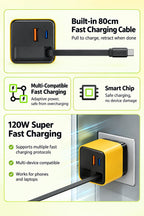 Cross-border Wholesale: 120 GaN Charger with Retractable Cable, A+C Multi-Port Charger Compatible with Apple and Android Fast Charging Heads