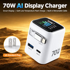 US-Spec 70W Digital Display Charging Adapter with Built-in Cable, GaN Multi-Port PD Fast Charging, USB-C Port, Desktop Charger