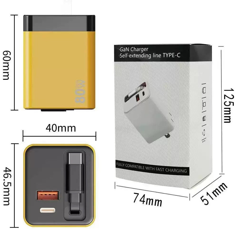 Cross-border Wholesale: 120 GaN Charger with Retractable Cable, A+C Multi-Port Charger Compatible with Apple and Android Fast Charging Heads
