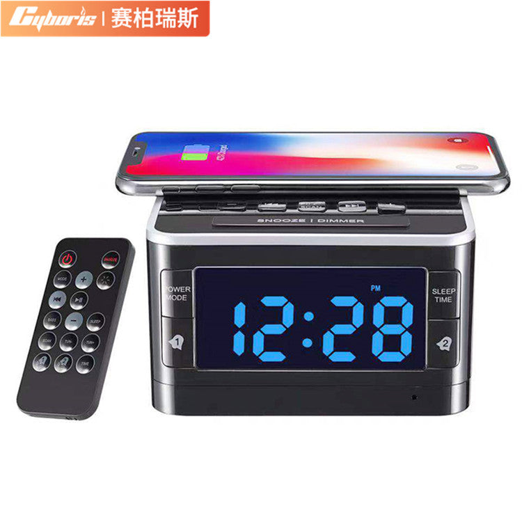 Cyboris Multifunctional T8 Wireless Charging USB Clock, Alarm Clock, Speakerphone, Radio, and Wireless Bluetooth Speaker