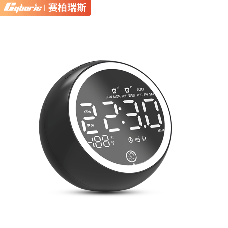 Cyboris Smart Dual-Alarm Speaker with Bluetooth 5.0, FM Radio, and LED Mirrored Bedside Sleep Light—Multifunctional