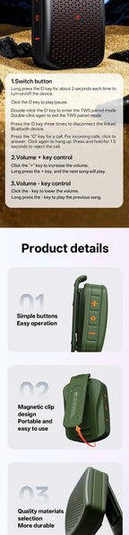 Magnetic Clip-on M1 Portable Bluetooth Speaker, Outdoor Waterproof TWS Stereo, High Volume, Mini Speaker with Heavy Bass.