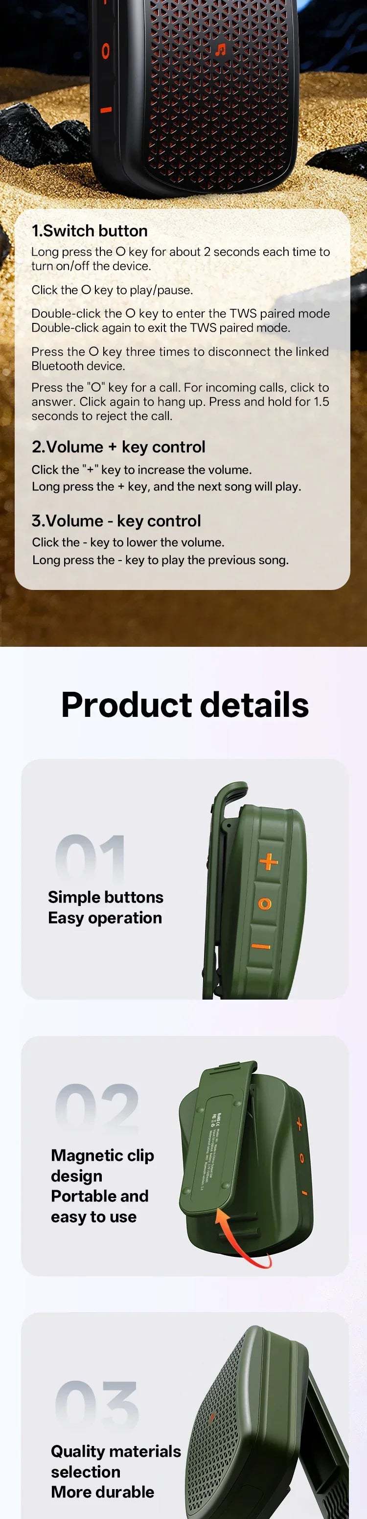 Magnetic Clip-on M1 Portable Bluetooth Speaker, Outdoor Waterproof TWS Stereo, High Volume, Mini Speaker with Heavy Bass.