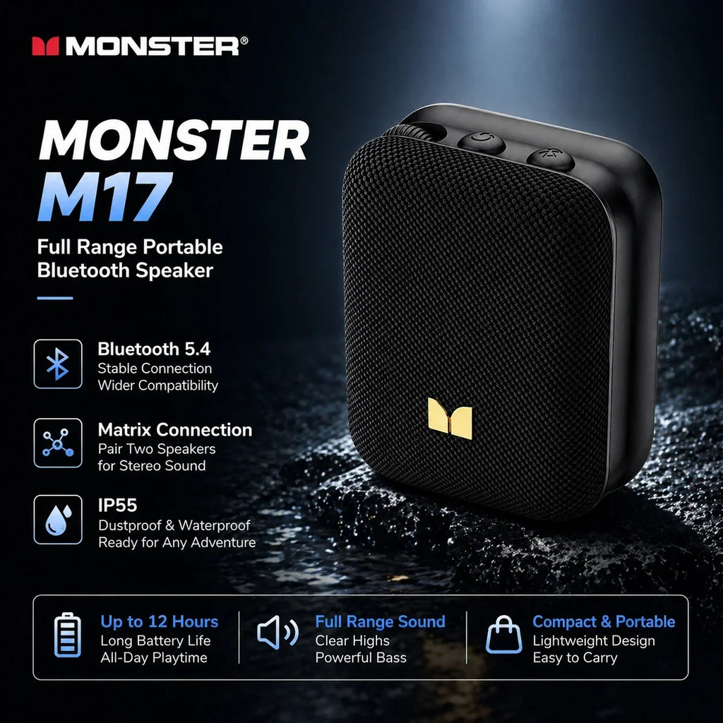 Monster M17 Mini Bluetooth 5.4 Speaker Portable Wireless Loudspeaker Magnetic Clip Design HIFI Bass Stereo Outdoor Travel