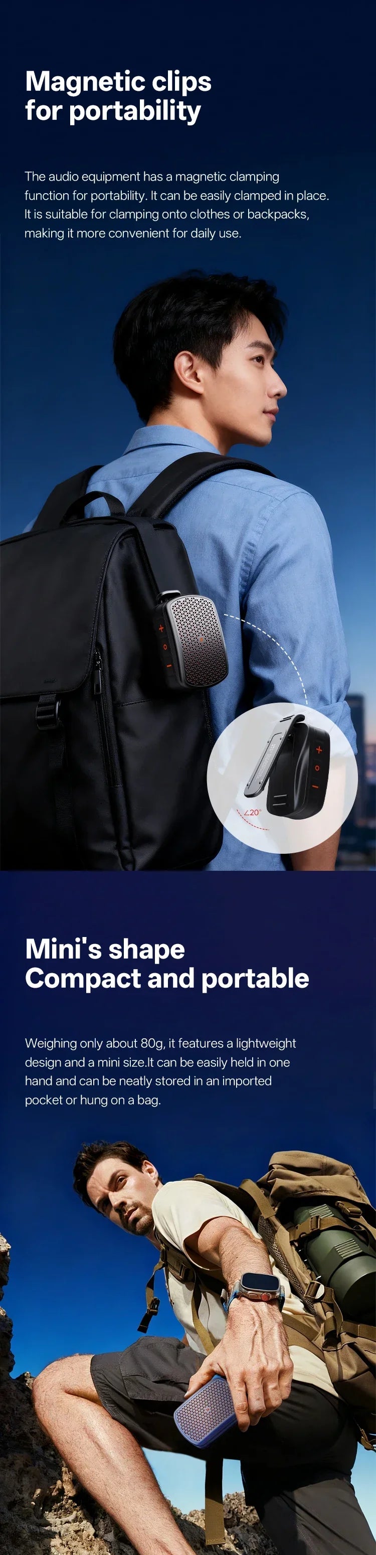 Magnetic Clip-on M1 Portable Bluetooth Speaker, Outdoor Waterproof TWS Stereo, High Volume, Mini Speaker with Heavy Bass.