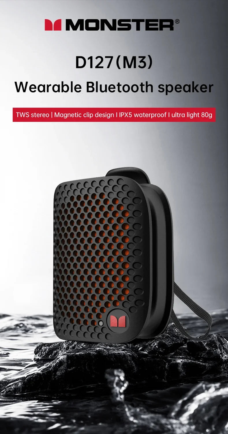 Monster M3 TWS Stereoscopic Wireless Touch Speaker Lightweight Bluetooth 5.4 Magnetic Clip Sports Music Player