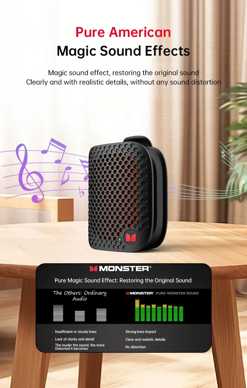 Monster M3 TWS Stereoscopic Wireless Touch Speaker Lightweight Bluetooth 5.4 Magnetic Clip Sports Music Player