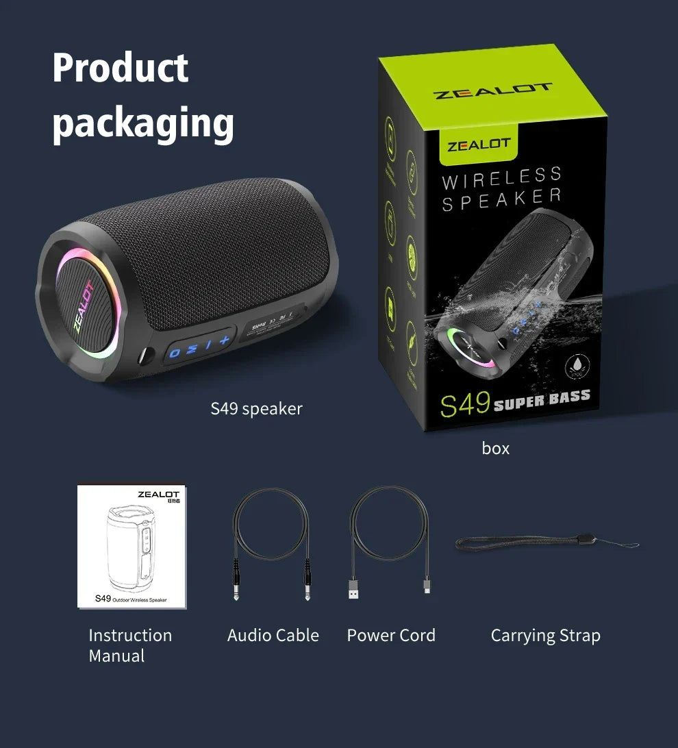 Zealot-S49 10W Portable Bluetooth Speaker Stereo Sound IPX7 Waterproof Wireless Bluetooth 5.2 Excellent Bass Performance